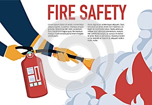 Fire safety vector illustration. Precautions the use of fire background template. A firefighter fights a fire cartoon.