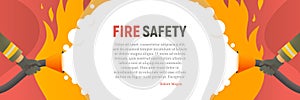 Fire safety vector web banner. Precautions the use of fire background template. Firefighters fights a fire cartoon flat