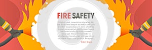 Fire safety vector web banner. Precautions the use of fire background template. Firefighters fights a fire cartoon flat photo