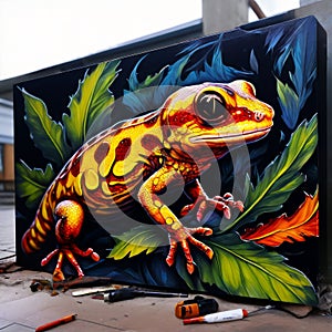 a fire salamander painting a mural on a leaf canvas k uhd ver