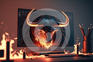 Fire sculpture of angry bull head in front of computer screen, Bullish divergence in Stock market and Crypto currency. Created