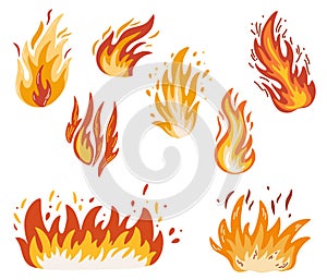 Fire set. Fiery flame, bright fireball, thermal forest fire and a red-hot bonfire. Flames of different shapes. Vector fire flame