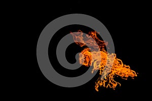 Fire in the shape of an alien UFO with wings. The flame on the black background is isolated