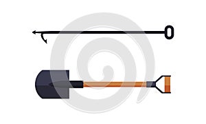 Fire Shovel and Pike Pole or Hook as Firefighting Equipment Vector Set