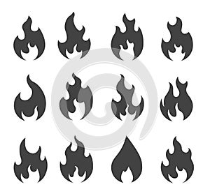 Fire silhouettes. Simple black outline fire flames, campfire isolated icons, ignite and fiery explosion signs Vector set photo