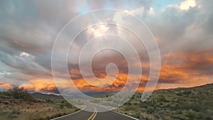 Fire in the sky, sunset, highway, clouds, bright