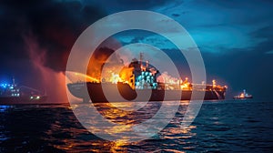 Fire and smoke on cargo ship at dusk, tanker burning in sea after explosion, accident on industrial vessel in ocean water at night