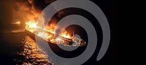 Fire and smoke on cargo ship in sea at night, aerial view of burning tanker and copy space background, accident on industrial