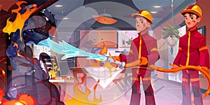 Fire smoke on house kitchen and firefighter vector