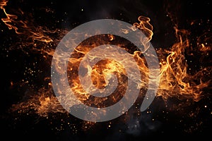 Fire, smoke and sparks isolated on black background, abstract burning flame pattern at night. Concept of texture, nature,