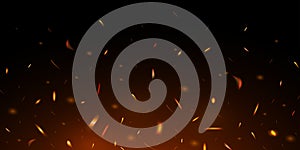 Fire sparks on dark background. Flying up sparks, burning fire particles with smoke texture. Realistic flame effect - vector