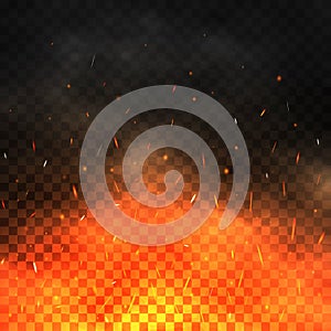Fire sparks flying up. Realistic fire and smoke. Glowing particles on a transparent background. Bonfire with red and