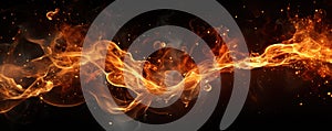 Fire and sparks isolated on panoramic black background, banner of abstract burning flame pattern at night. Concept of texture,