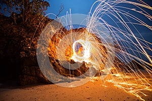 Fire spinning from steel wool
