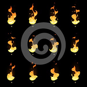 Fire sprite sheet. Cartoon vector flame game animation