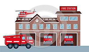 Fire station building with fire engine vehicle. photo