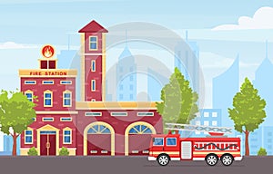 Fire station building exterior flat vector illustration