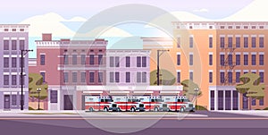Fire station building fire department house facade and red emergency vehicle horizontal