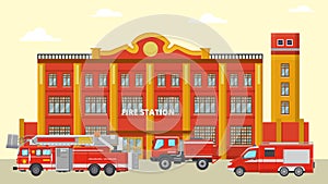 Fire station building and fire trucks vector illustration. Various red fire engines near emergency rescue city service.