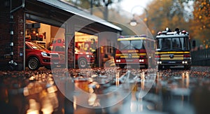 Fire station with fire trucks and emergency vehicles ready, illuminated in the misty evening, reflecting on the wet