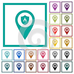 Fire station GPS map location flat color icons with quadrant frames