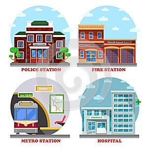 Fire station and hospital building, metro, police
