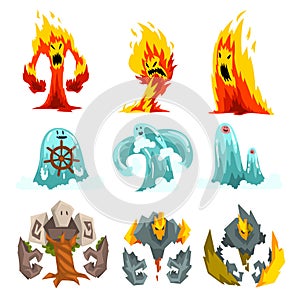 Fire, Stone and Water Monsters Set, Fantasy Mystic Creatures Cartoon Characters Vector Illustration