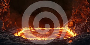 A fire-themed 3D background featuring a glowing, lava-like podium emerging from a volcanic surface. photo