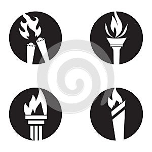 Fire torch with flame flat icons set. Collection of symbol flaming, illustration