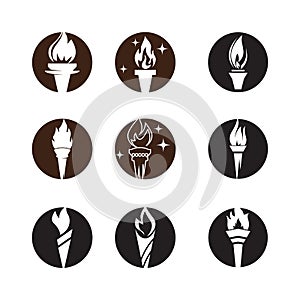 Fire torch with flame flat icons set. Collection of symbol flaming, illustration