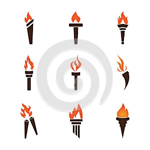 Fire torch with flame flat icons set. Collection of symbol flaming, illustration