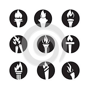 Fire torch with flame flat icons set. Collection of symbol flaming, illustration