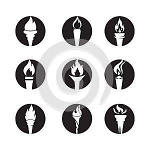 Fire torch with flame flat icons set. Collection of symbol flaming, illustration