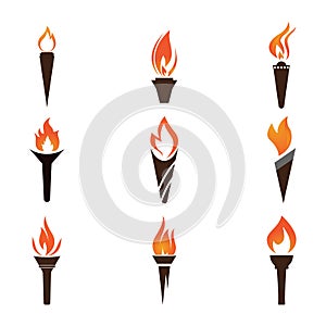 Fire torch with flame flat icons set. Collection of symbol flaming, illustration