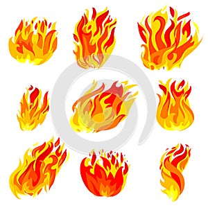 Fire, Torch Flame Icons Set Isolated on White Background. Burning Campfire or Candle Blaze Effect