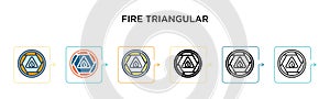Fire triangular signal vector icon in 6 different modern styles. Black, two colored fire triangular signal icons designed in