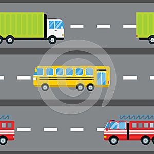 Fire truck car cartoon delivery transport cargo bus logistic seamless pattern vector illustration.