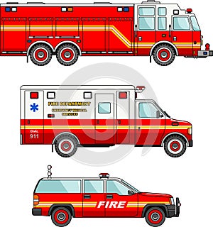Fire truck and cars on white background in flat style