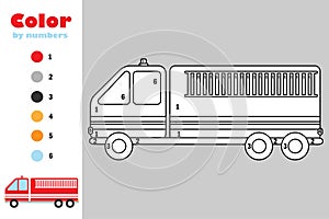 Fire truck in cartoon style, color by number, education paper game for the development of children, coloring page, kids preschool