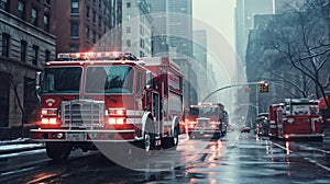 Fire truck with emergency lights on the street