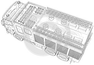 Fire truck. Fire Engine Vector illustration. Wire-frame line isolated. Vector rendering of 3d