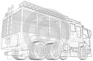 Fire truck. Fire Engine Vector illustration. Wire-frame line isolated. Vector rendering of 3d