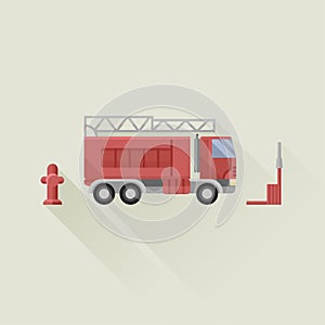 fire truck with fire hose and fire hydrant vector icon flat style