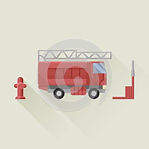 fire truck with fire hose and fire hydrant vector icon flat style