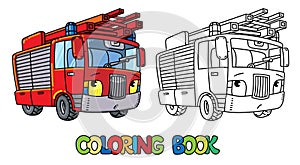 Fire truck or firemachine with eyes Coloring book