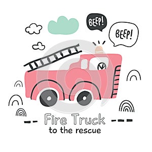 Fire truck illustration in scandinavian style