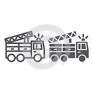 Fire truck line and glyph icon, transport and emergency, firefighter car sign, vector graphics, a linear pattern on a