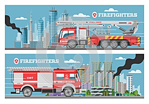 Fire truck rescue engine transportation, firefighter emergency cars in cityspace buldings banners set vector
