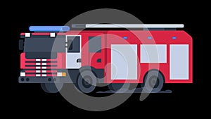 Fire Truck Rides with Flashing Lights On. Transparent Background.