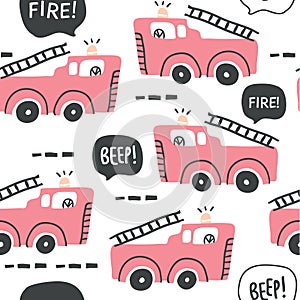 Fire truck seamless pattern in scandinavian style